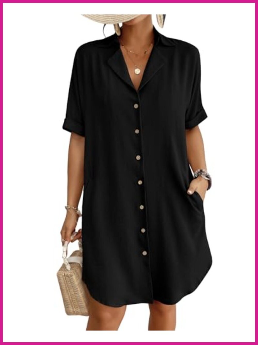 Women's Button Down Collared Beach Shirt Cover Up Short Sleeve Tunic